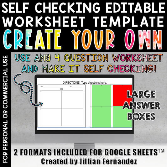 Self Checking Editable Worksheet Template 4 Questions Large Answer Boxes