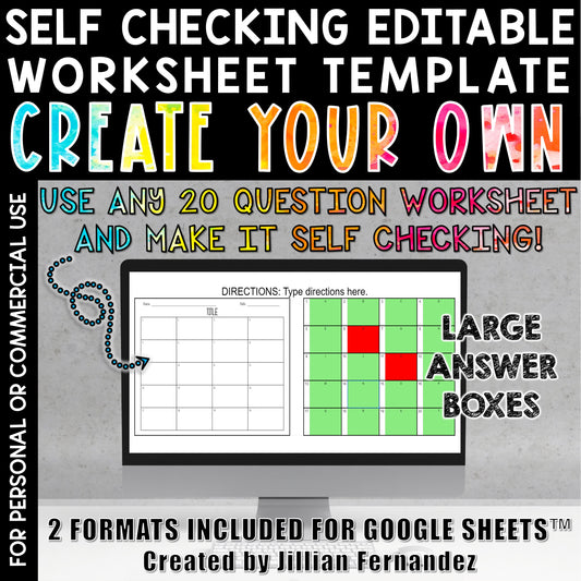 Self Checking Editable Worksheet Template 20 Questions Large Answer Boxes