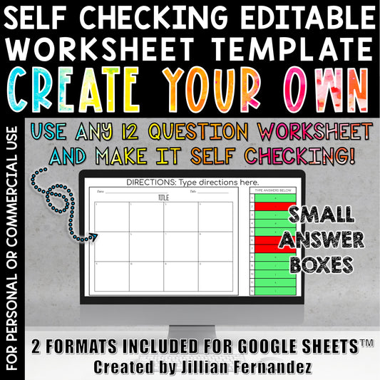 Self Checking Editable Worksheet Template 12 Questions Small Answer Boxes