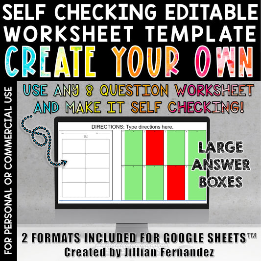 Self Checking Editable Worksheet Template 8 Questions Large Answer Boxes