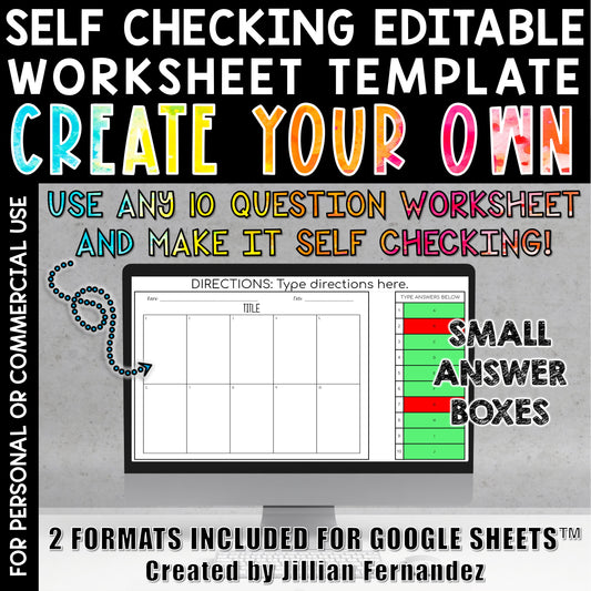 Self Checking Editable Worksheet Template 10 Questions Small Answer Boxes