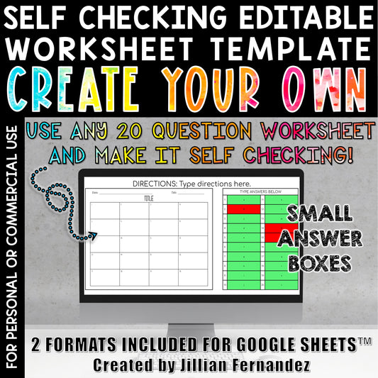 Self Checking Editable Worksheet Template 20 Questions Small Answer Boxes