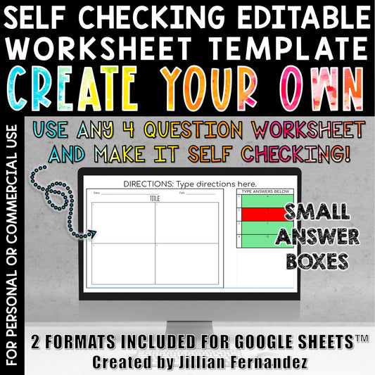 Self Checking Editable Worksheet Template 4 Questions Small Answer Boxes