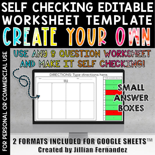 Self Checking Editable Worksheet Template 8 Questions Small Answer Boxes